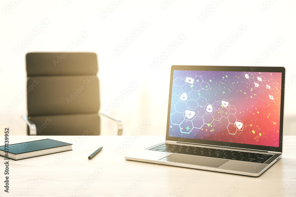Aufkleber modern computer monitor with creative abstract medical hologram. healthcare technolody concept. 3d r