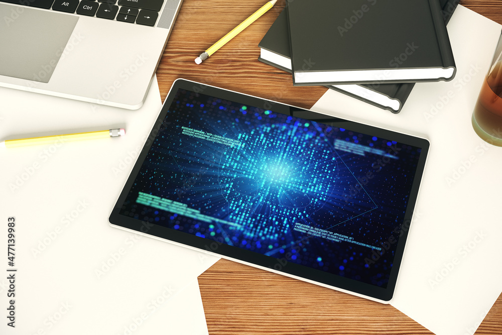 Poster Creative concept of code skull illustration on modern digital tablet screen. Hacking and phishing concept. Top view. 3D Rendering