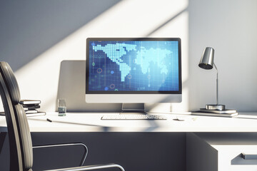 Modern computer monitor with abstract digital world map, research and strategy concept. 3D Rendering