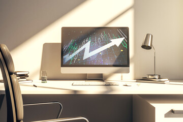 Abstract financial diagram with upward arrow on modern laptop screen, rise and breakthrough concept. 3D Rendering