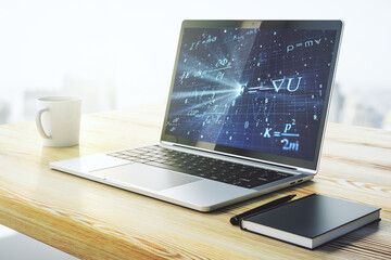 Modern computer monitor with creative scientific formula concept, research and development concept. 3D Rendering