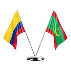 Two table flags isolated on white background 3d illustration, colombia and mauritania