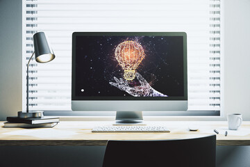 Creative idea concept with light bulb illustration on modern laptop screen. 3D Rendering