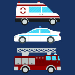 Flat design cars set. Police, ambulance and fire truck. Urban transport Vector illustration