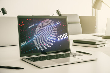 Abstract creative fingerprint illustration on modern laptop monitor, digital access concept. 3D Rendering