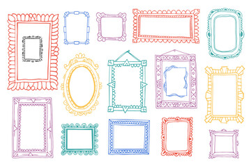Vintage photo frame in doodle style. Vector hand drawn set with picture frames