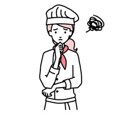 立って手をあごにあてて困っている調理師の女性