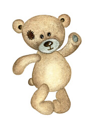 Fototapeta na wymiar cute teddy bear welcomes. one watercolor isolated object on white background.
