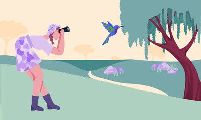 Vector illustration of young happy ornithologist girl watching bird with binoculars. Cartoon scientist, tourist, volunteer character search for new colibri species in wild nature. Outdoor hobby.