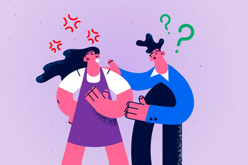 Confused man comfort talk with angry woman 