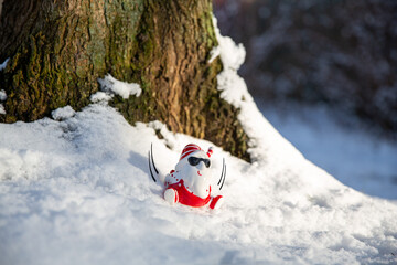 Cool funny Santa Claus with sun glasses sliding on the snow 