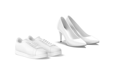 Blank white leather sneakers and high heels shoes mockup, isolated