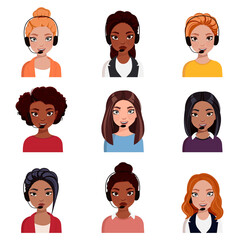 Hotline Call center woman support. Office workers in headphones with microphone. Operator online help, advises, feedback.