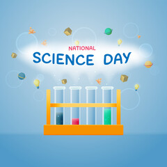 National Science Day. Glass chemical test tubes, planets, viruses, ideas.