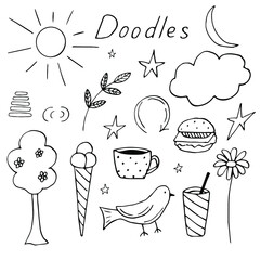Abstract doodles nature, weather and food for concept design vector illustration, hand drawing