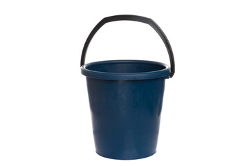 empty blue plastic bucket with black handle on white isolated background