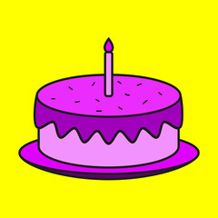 Festive bright colorful purple cake on a yellow background for a birthday celebration with cream and candles, a logo in a minimalist style for a pastry shop or an illustration for a party or holiday.