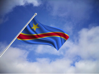 Flag of the Democratic Republic of the Congo on a stick, dark clouds in the background