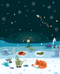 funny green aliens on holiday winter fishing. adventure in the year of the tiger