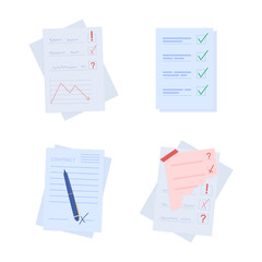 Notes on papers semi flat color vector object set. Writing tasks. Realistic item on white. Lifestyle isolated modern cartoon style illustration for graphic design and animation collection