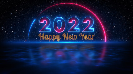 Futuristic Blue Red Shine Happy New Year 2022 Greeting Neon Sign With Light Reflection With Blue Water Surface On Starry night Sky