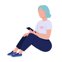 Girl with colored hair looks at phone semi flat color vector character. Full body person on white. Youth subculture isolated modern cartoon style illustration for graphic design and animation