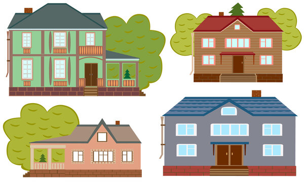 A set of beautiful houses. Vector illustration isolated on white background.