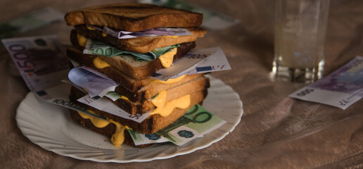 sandwich of bread and money Euro dollars bills with cheese sauce. money drenched in cheese sauce picture of food with money money and food. scattered money