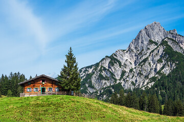Fototapeta na wymiar Blick auf die Litzlalm mit Hütte in Österreich