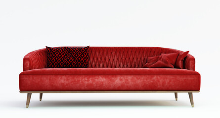 3D render of Red fabric sofa with pillows isolated on white background.