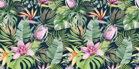 watercolor seamless pattern. floral background tropical blooming flowers and leaves. Plants and flowers of Australia. for fabric, textile, roll wallpaper, design, cards, invitations, stickers, wedding