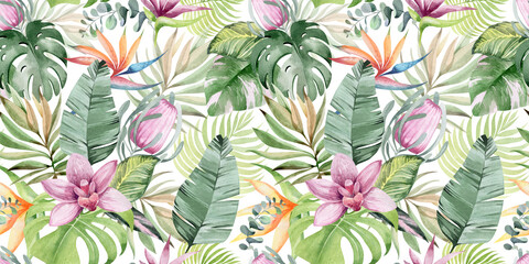 watercolor seamless pattern. floral background tropical blooming flowers and leaves. Plants and flowers of Australia. for fabric, textile, roll wallpaper, design, cards, invitations, stickers, wedding © Elena