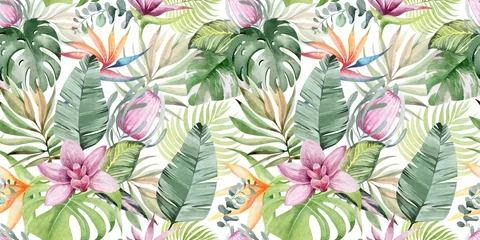 Plexiglas foto achterwand watercolor seamless pattern. floral background tropical blooming flowers and leaves. Plants and flowers of Australia. for fabric, textile, roll wallpaper, design, cards, invitations, stickers, wedding © Elena