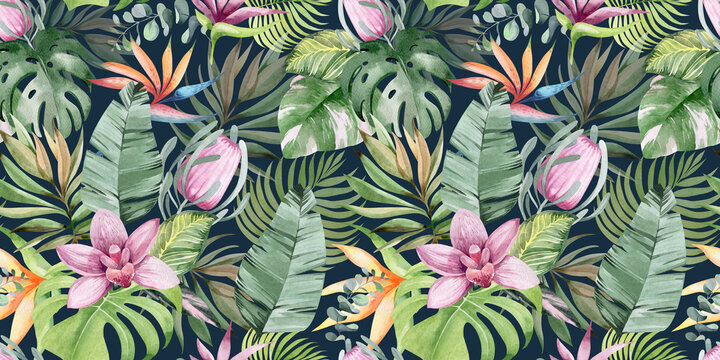 watercolor seamless pattern. floral background tropical blooming flowers and leaves. Plants and flowers of Australia. for fabric, textile, roll wallpaper, design, cards, invitations, stickers, wedding