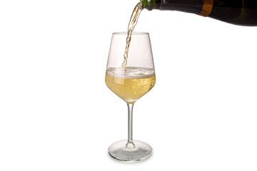 Champagne or sparkling wine pouring into glass from bottle with splashing,  isolated on white, copy...
