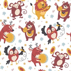 Seamless animals musicians. Funny musical orchestra characters. Forest inhabitants play various instruments. Jazz music band. Kids backdrop. Performers with drum or guitar. Vector pattern