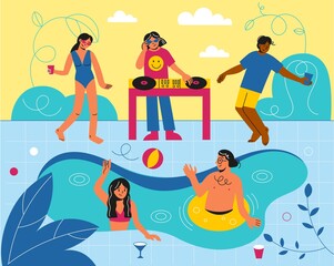 Pool party people. Happy girls in bikini dance and relax. DJ plays electro music and mixs tracks on turntables. Disco event. Chillout zone. Persons swim and drink cocktails. Vector concept