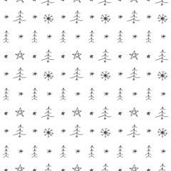 Fototapeta premium Simple seamless vector pattern with New Year Trees and snowflakes - hand-drawn doodles. Black lines on white background. Wrapping design.