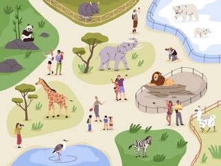 Zoo map. Animals safari park plan. Fenced enclosures with lion, llama and rhinoceros. People look at panda or giraffe. Visitors and guide on excursion. Families walk. Vector concept - obrazy, fototapety, plakaty