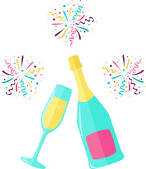 Bottle and glass of wine with fireworks vector illustration isolated on white background