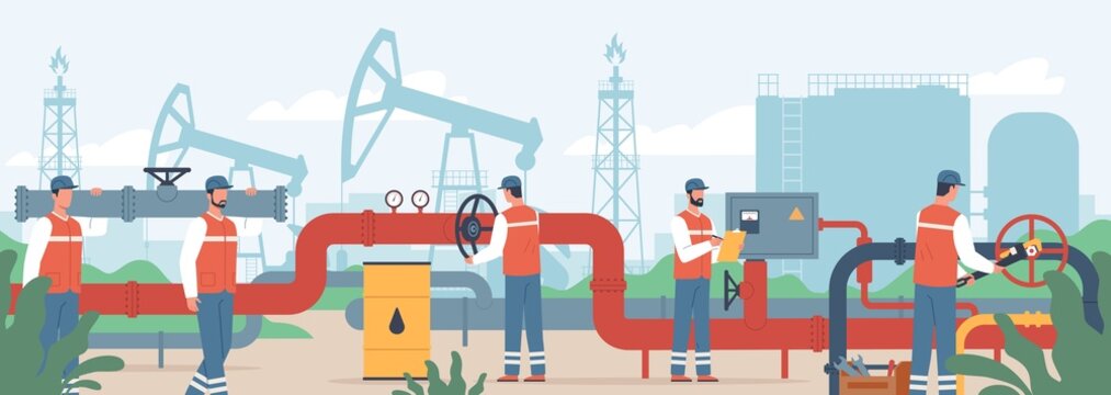 Oil gas workers. Petroleum engineers control operation of fuels pipeline. Men in uniform carry pipe fragment and regulate valves. Industrial construction. Oilman job. Vector concept