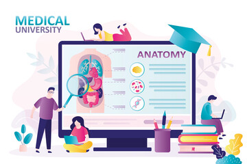 Students studying structure of human internal organs at lecture. People study remotely at medical university