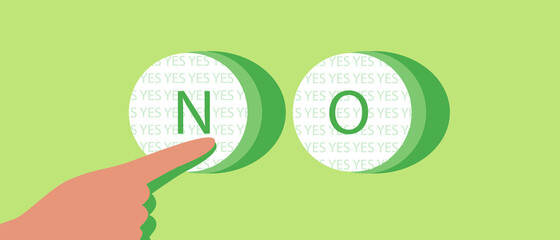 Finger presses the  button with text NO, Flat vector stock illustration as Concept of lie, choice
