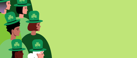 Fototapeta premium Group of people in green as copy space template, flat vector stock illustration for st patrick's day