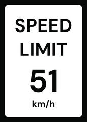 Speed limit 51 kmh traffic sign on white background