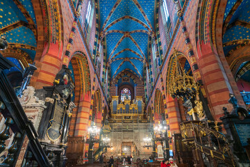 Krakow, Poland December 17, 2021; View of the interior of St. Mary's Basilica in Krakow on the Main Square.