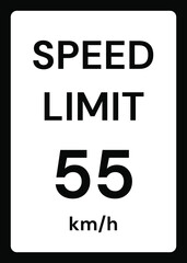 Speed limit 55 kmh traffic sign on white background