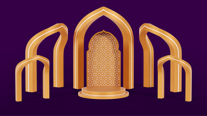 Islamic 3d podium display decoration in purple gold background
