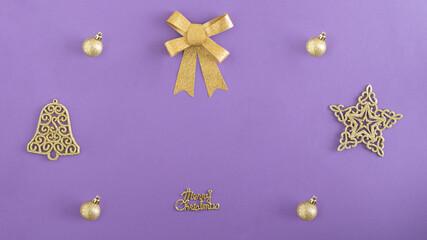 Creative Christmas minimal copy space concept. New year  flat lay with gold decoration baubles,...