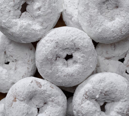 Overhead view of powdered donuts or doughnuts